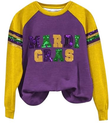 Damen-Langarmshirt mit Karnevals-Print und Rundhalsausschnitt 60er J𝐚hre Kleidung Damen Große Größen Retro 70er (Purple, L)
