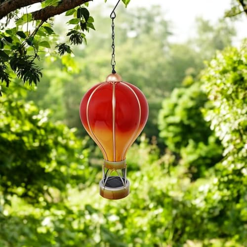 Solar Hot Air Balloon Hanging Light – Violet, Flame Red, Rainbow – Small & Large | Outdoor LED Garden, Patio & Porch Lantern – Weather-Resistant | Energy Class A (Flame Red, Small)