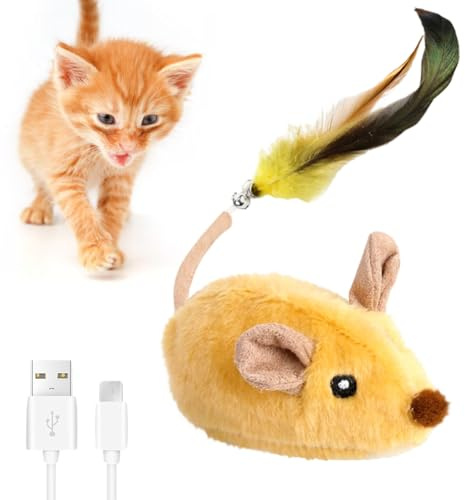 Zinueen Katzenspielzeug Elektrisch Spielmaus mit Federschwanz und Glocke | Magic Maus Katze, Interaktives Katzenspielzeug Mäuse, USB-Aufladung, für Katzenauslauf und Gegen Langeweile