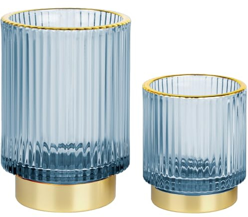 FullMeet Makeup Brush holder Organizer, Crystal Glass Toothbrush Holders, Striped Make Up Brush Holder for Vanity, Pen Holder for Desk, Vase -Blue (S+L)