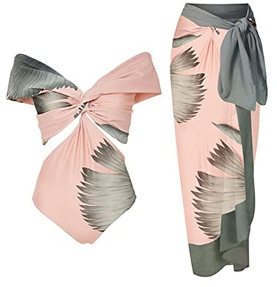 PAIDAXING Costume da bagno da donna in 2 pezzi con pareo abbinato, estivo, vintage, stampa floreale, monokini con gonna lunga avvolgente Boho Holiday Beachwear, 41-rosa, M