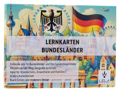 LeLa Lernkarten Bundesländer - 16 Bundesländer & Hauptstädte, Für Grundschule, Kinder, Eltern & Lehrer - Lernspiel Deutschland, Karteikarten DIN A6, Lernkarteikarten für Kinder