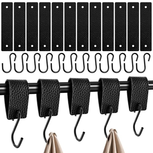 TAIXING 12er Set S Haken mit Lederschlaufe, Stabile Edelstahl Haken für Kleiderstange, 12,5 * 3cm Haken zum Einhängen für Garderobe, Camping, Küche, Badezimmer, Langlebig und Strapazierfähig