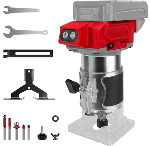 Cordless Compact Router for Milwaukee 18v Battery, Brushless Trimmer Router with 5 Variable Speeds, (Tool Only)30000 RPM, 800W Wood Palm Router Tool with 5PCS 1/4 Router Bits, Edge, Roller Guides
