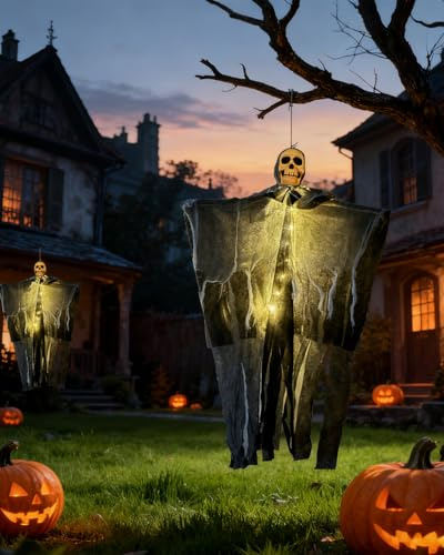 Halloween Deko Skelett Gruselig Geist mit Licht, 80CM Horror Skelettt Sensenmann Dekorationen, Skelett zum Aufhängen Geist Deko für Halloween Deko Garten Party