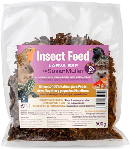 Susan Müller Larve de Mouche Soldat Noire déshydratées - Protéine Naturelle pour Reptiles, Oiseaux et Poissons, Haute densité nutritionnelle, sans additifs, Emballage Recyclable - Sachet de 500 g