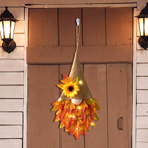 ENLACE Türkranz Herbst, Herbstdeko Wichtel Kranz mit Lichterkette, Haustür Herbstkranz Wichtel mit Ahornblättern und Sonnenblume, für Herbst Ernte Halloween Thanksgiving Deko