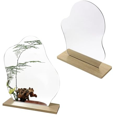 Shwdsy 2 Stück Kleiner Spiegel, Unregelmäßige Form Kleine Spiegel, Rahmenloses Acryl Schminkspiegel klein, mit Holzsockel Standspiegel Tisch, für Schlafzimmer, Hotels