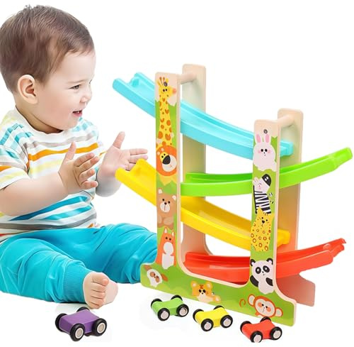 Muslecid Holz-Kugelbahn Autorennbahn mit 6 Autos Spielzeug Kugelbahn ab 1 Jahr für Jungen und Mädchen Lernspielzeug für Kinder, Kinderspielzeug Geschenk (Tier)