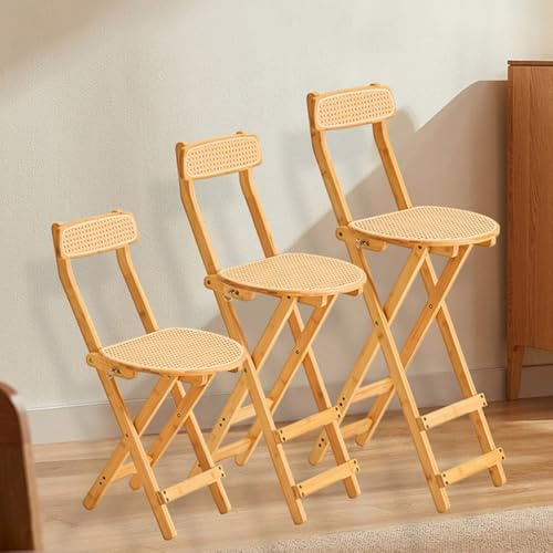 Sgabello da bar pieghevole in bambù con schienale e poggiapiedi in rattan, sedia da cucina e colazione, sgabello alto pieghevole per una facile conservazione, giallo, altezza 70 cm