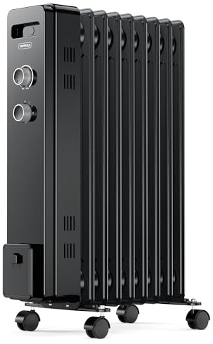 VonHaus Radiateur Bain d'Huile 9 Ailettes, Chauffage Bain d’Huile Électrique Portatif 2000 W, Radiateur Noir, Thermostat Réglable, 3 Réglages de Chauffage, 4 Roulettes, Câble d'Alimentation de 1,5 m