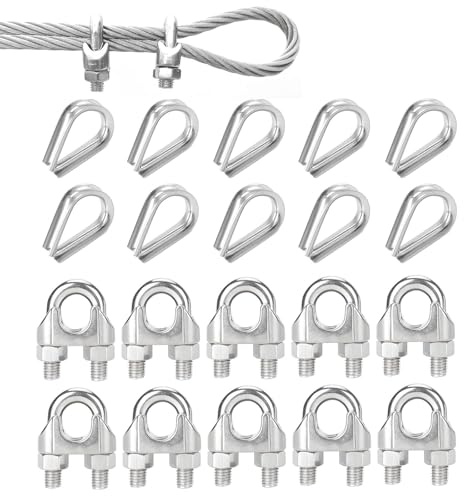 20 Stück Drahtseilklemme 3mm, 20 Stück M3 Edelstahl Buegelklemme, Edelstahl Seilklemmen mit 10 Drahtseilklemme und 10 Kauschen für Drahtseil StahlKabel Stahlseil