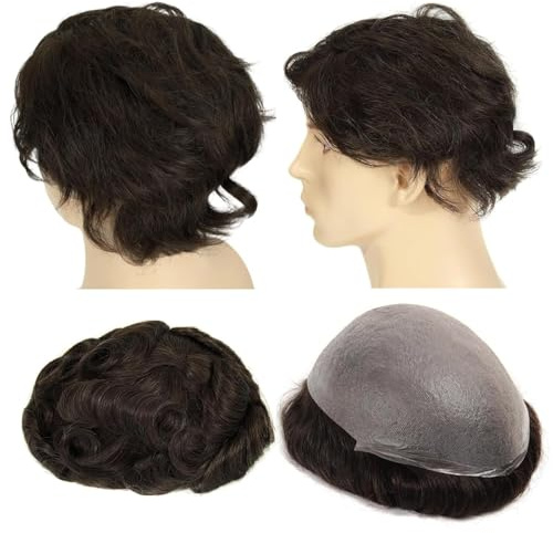 Topunique Mens 0.06mm Ultra-Thin Skin Toupee, Full Knotless V-Looped 8x10 Inch PU Base 90% Light Density Remy Human Hair System for Men #2 Dark Brown