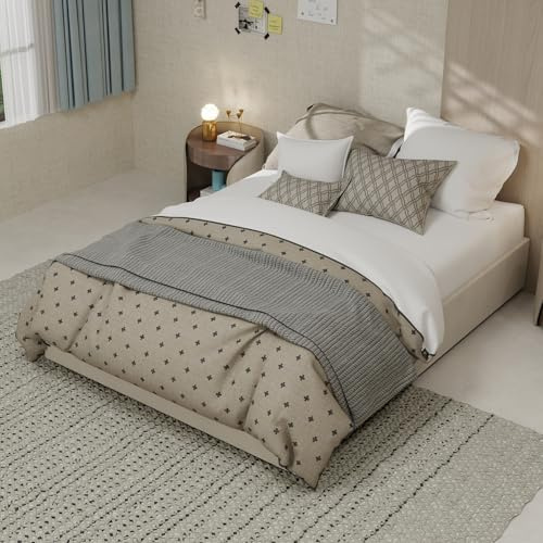 Lit Coffre avec rembourré Tête de lit, Cadre de Lit 140 x 190 avec Sommier, Moderne, avec Rangement hydraulique, Montage Facile, Tissu Doux et Confortable (Beige, 140x200 cm)