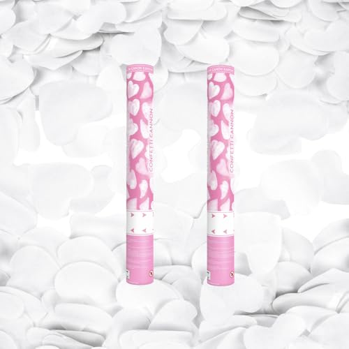 Set di 2 cannoni per coriandoli, cuori bianchi, 40 cm, portata 5-8 m, lanciatore coriandoli per matrimonio, uscita degli sposi, pioggia di cuori, bianco aria compressa, baby shower, compleanno, festa