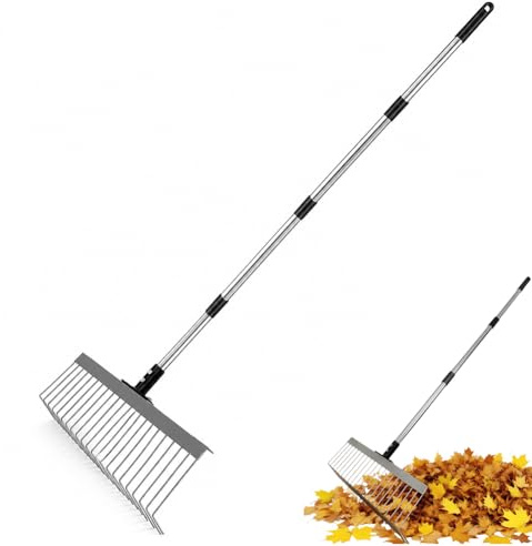 Garten Rechen, 160cm Metall Rechen, Laubbesen Metall mit Edelstahlgriff & 21 Zinken Metallrechenkopf, Rechenkopf, Rasenrechen, Laubsammler, Laubharke für Garten, Rasen, Strauch, Gras, Mulch, Blätter