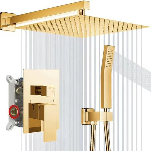 XJTNLB Grifo Ducha Empotrado Oro con Alcachofa de Ducha Cuadrada, Duchas de Baño Monomando de Doble Función
