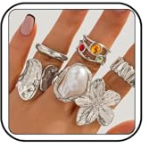 6 Pieces Chunky Silver Rings for Women Flower Knuckle Statement Ring Set French Baroque Style Retro Open Metal Rings Fashion Stacking Jewellery for Special Occasions (Silver)
