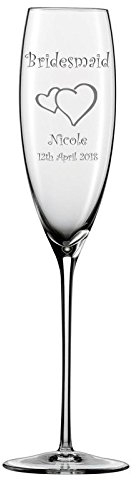 Chichi Gifts Personalised Bridesmaid Champagne Flutes Glass with Linked Hearts & Stem Charm add name and date