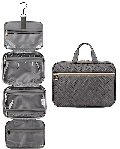 Kulturbeutel zum Aufhängen, LOVEVOOK Wasserdicht Kulturtasche Damen, Faltbare Kosmetiktasche mit 360° Drehbare Haken, Waschtasche für Reise Grau