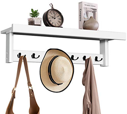 COSTWAY Wandgarderobe mit Ablage, Wandregal mit 7 Haken, Hängeregal aus Kautschukholz, Garderobenleiste 80 x 16 x 18 cm, für Flur, Schlafzimmer, Badezimmer, Wohnzimmer (Weiß)