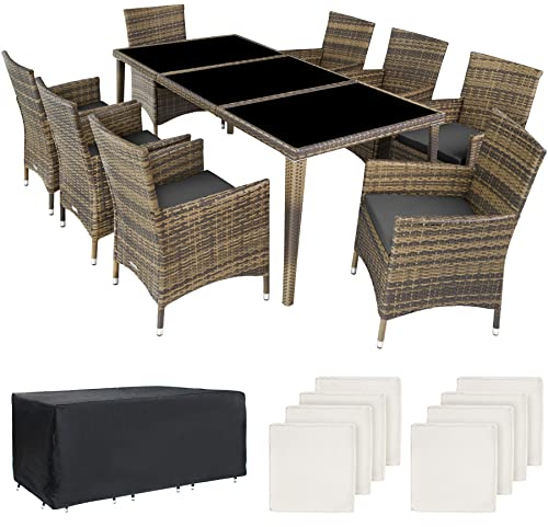 tectake Aluminium Poly Rattan Gartenmöbel Set 8 Stühle mit Tisch mit Glasplatten, inkl. 2 Bezugssets und Schutzhülle, wetterfeste Balkon Möbel - Natur
