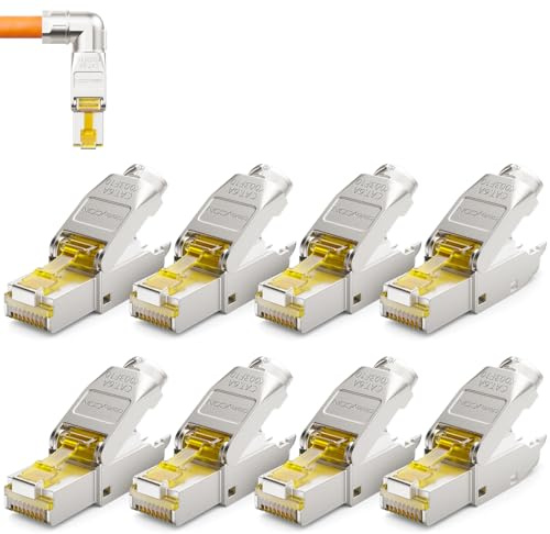 deleyCON CAT 6a Netzwerkstecker 90° Winkel RJ45 10 Gbit/s, 8 Stück | Werkzeuglos, geschirmt, für starre Verlegekabel, Rohkabel, Steckverbinder RJ45 Ethernet LAN DSL Patchkabel