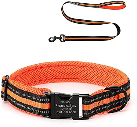 Oncpcare Hundehalsband und Leine, reflektierend, personalisierbar, mit Namen, Telefonnummer, ID-Halsbänder für kleine, mittelgroße und große Hunde
