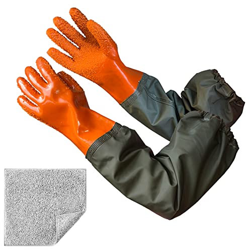 YeloYolker Rubber Chemical Resistant Work Gloves, 27.6” Long Waterproof PVC Pond Gloves, Non-slip Reusable Heavy Duty Sewer Gloves for Fishery, Machinery, Chemical Industry (Large)