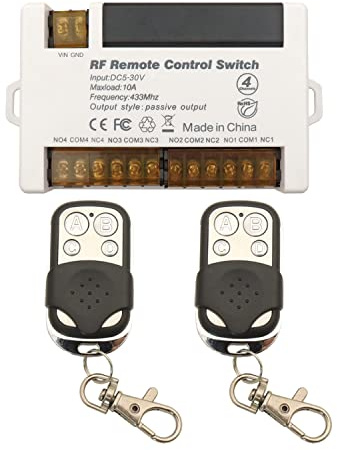DieseRC 4 Channels Wireless Relay Remote Control Switch 433Mhz RF DC 5V 12V 24V 30V 10A Relay Receiver with 2 Transmitters Keyfob, Big Terminal Easy Wiring