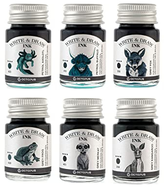Octopus Write and Draw Ink Set Mountain - Waterproof Calligraphy Ink for Fountain Pens, 6 Packs of 10 ml