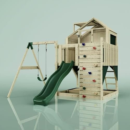 Rebo® PolarPlay Kids Climbing Tower and Playhouse - Swing Brenna Green | OutdoorToys | Wooden Climbing Frame and Wendy House with Climbing Wall, Slide and Sandpit