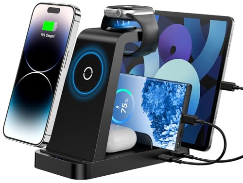 Wireless Charger for iPhone - 5 in 1 Charging Station for Multiple Devices Apple: Fast Wireless Charging Stand Dock for iPhone 17 16e 16 15 14 13 12 Pro Max Apple Watch Airpods