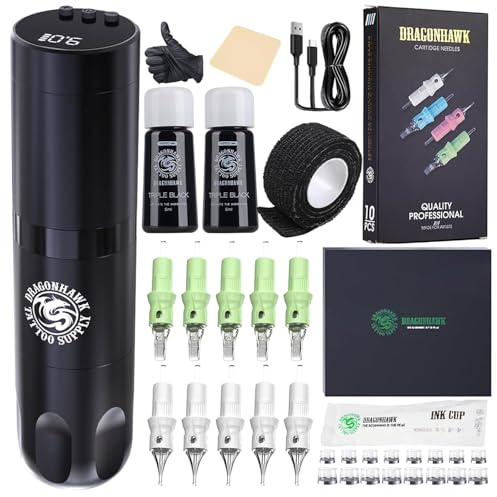 Dragonhawk Tattoo Maschine Set X3 Tattoo Maschine Kabellose Tätowiermaschine Rotary Tattoo Pen Gun 1500mAh Batterie Tattoo Nadeln Cartridges Complete Kit für Tattoo Anfänger