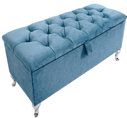 SK LUXURY LIVING Ottoman Storage Box - Engineered Wood Fabric Buttons Luxurious Plush Velvet Ottoman Storage Bench, Perfectly Designed Ottoman for Bedroom Storage (Duck Egg Plush, Legs) | 116L storage bench with fabric buttons, plush velvet and engineered wood frame, supporting up to 250 kg with sturdy legs.