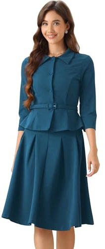 Allegra K Set Completo Donna Gonna Lavoro 2 Pezzi Giacca Blazer Maniche Lunghe Ufficio Gonna Pieghe Lago Blu XS