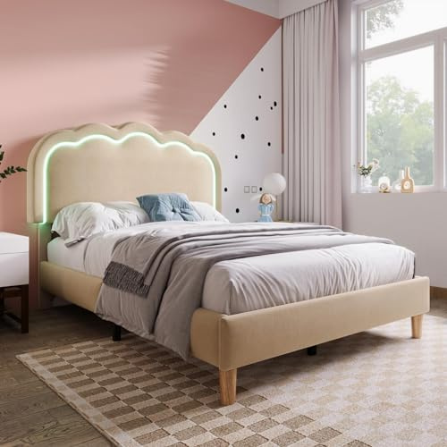 KOMHTOM Lit Rembourré avec Tête de Lit, Lit LED avec Sommier à Lattes en Bois, Cadre de lit pour Enfants, Adolescents, Adultes(sans Matelas) (Beige, 90 x 190 cm)