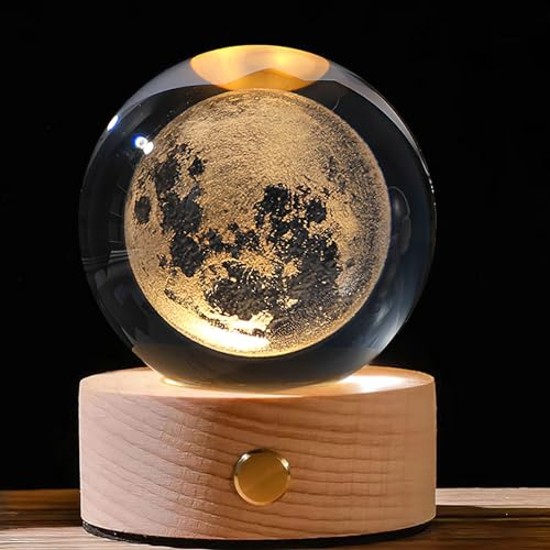 Sfera di Cristallo 3D con Luna - Lampada Sistema Solare con Base in Legno - Luce Notturna Ricaricabile