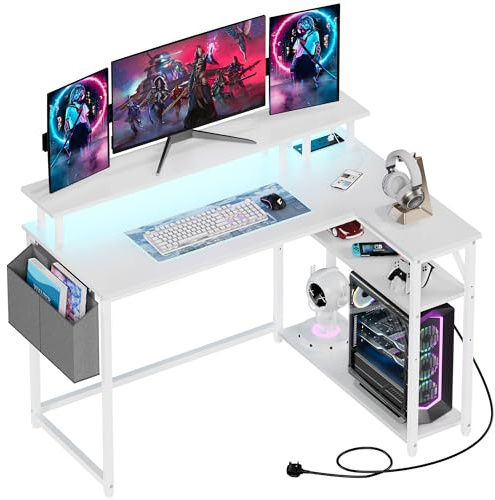 Yornoli L Shaped Desk with Led Lights＆Power Outlet 118CM Corner Gaming Desk for Small Spaces with Storage Shelves Corner Office Desk for Home Office Bedroom
