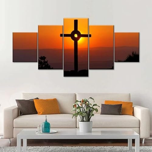 Sevenyxx Moderne Bilder Wohnzimmer 5 Teiliger Christliches Kreuz im Sonnenuntergang Poster Mit Rahmen Hd Für Heimdekoration Personalisierte Bilder Leinwandbilder Xxl