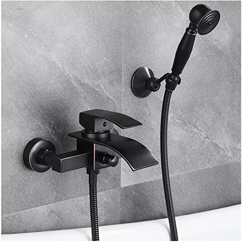 Wasserfall-Badewannen-Wasserhahn, Messing-Wannen-Wasserhahn, schwarz gebürsteter Wannen-Einlaufhahn, Einhand-Badewannen-Dusch-Mischbatterie, Wandmontage, Wannen-Duscharmatur-Set mit Messing-Handbraus