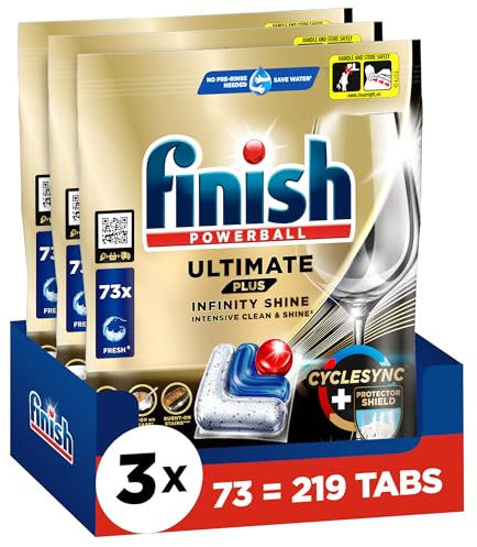 Finish Ultimate Plus Infinity Shine Spülmaschinentabs – Geschirrspültabs für intensive Reinigung, Fettlösekraft und Glanz mit Schutzschild – 219 Finish Caps (3x73 Caps)
