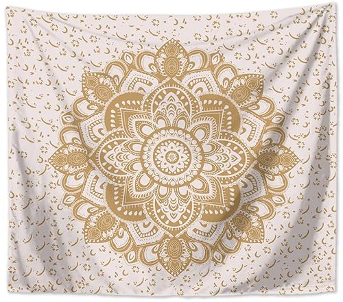 MT Majami Wandbehang Mandala indisch 200 x 150 cm Weiß Gold Polyester Wandtuch Wandteppich Tapisserie Retro