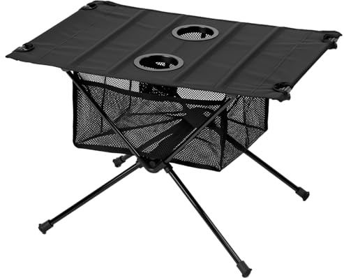 QWORK® Outdoor Folding Table with Cup Holder, 60x40x38 cm, Portable Lightweight Camping Table Garden Picnic Table Made of Aluminum and Oxford Fabric