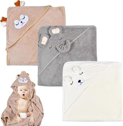 UieaMsio 3 Stück Baby Kapuzenhandtücher, Badetuch Mit Kapuze, Niedliches Baby-Kapuzenhandtuch Mit Muster Unisex 0-5 Jahre, 80 x 80 cm (A)