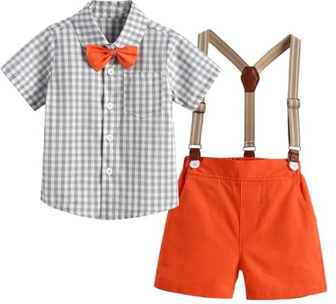 Yimutian Ensemble Mariage Cérémonie Bébé Garçon Costume Gentleman Baptême de Mariage 4 pièces Manches Courtes Chemise + Shorts + Bretelles + Noeud Papillon