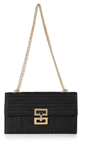 TOFBS Damen Stroh Clutch Quadratische Handtasche Gewebt Umschlag Tasche Dinner Schultertasche Kupplung mit Metallkette für Hochzeitsfeier Urlaub Party