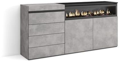 Skraut Home | Kommode mit Schubladen | Aufbewahrungsschrank | 157x75x35 cm | Für Schlafzimmer, Zimmer | Elektrokamin. | Moderner Stil | Zement