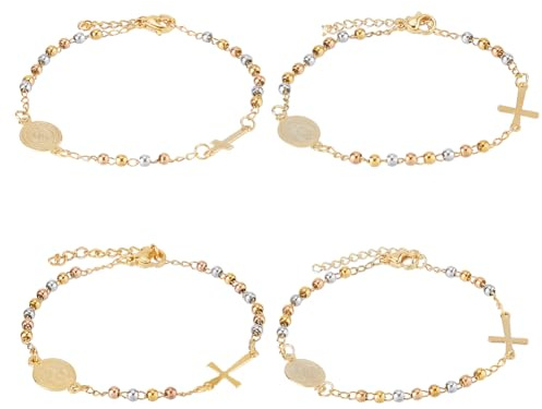 UNICRAFTALE 4 PCS 4 Styles Mary Bead Cross Bracelet Golden Bead Charm Link Chain Bracelet Unique Prayer Crucifix Bracelet Holy Mother Bracelet Adjustable Bracelet Jewelry for Women