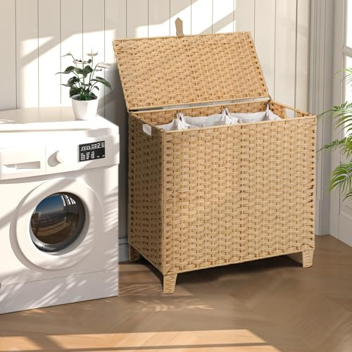 180 L Wicker Laundry Hamper with Lid 3 Section, Extra Large HandWoven Synthetic Rattan Wicker Laundry Basket with Removable Liner Bags for Bedroom Bathroom, Dirty Clothes Hampers Woven Foldable